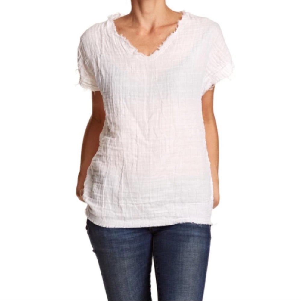 Gauze V-neck Raw Hem Sheer Boxy Tee